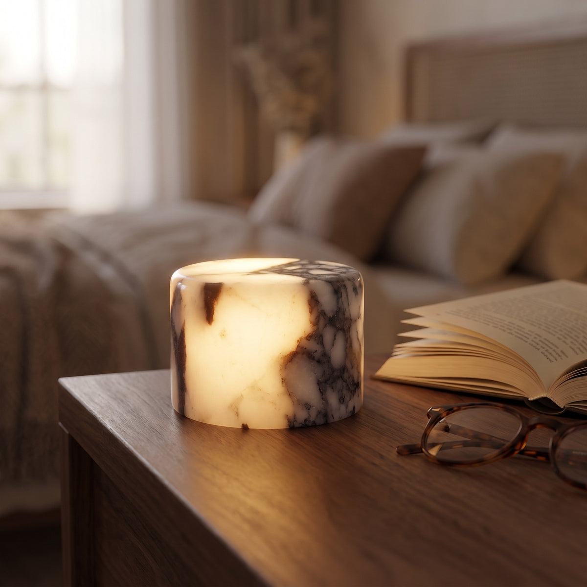 Veined white marble Veinora lamp glowing on a bedside table
