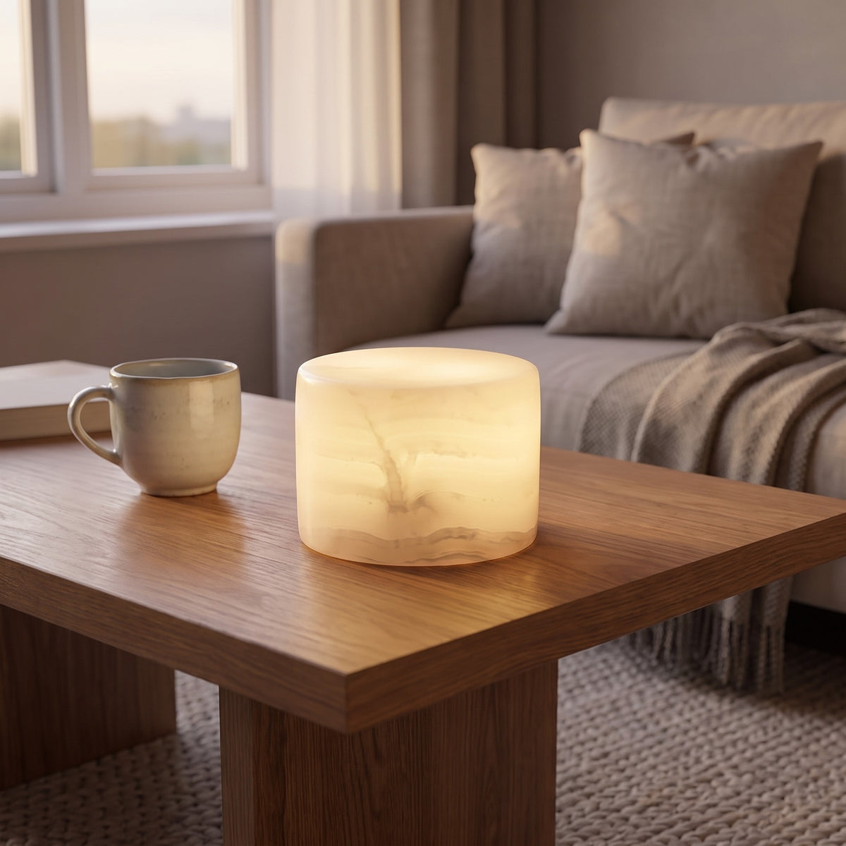 Ivory banded marble Veinora lamp on a coffee table
