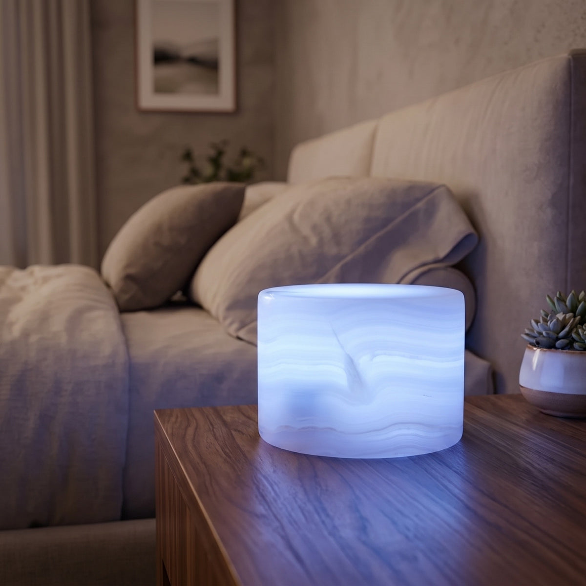 Ivory banded Veinora lamp with coloured RGB light