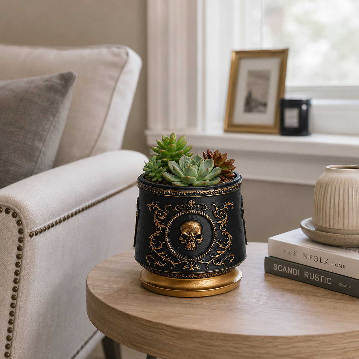 Zarkis Gothic Skull Embossed Plant Pot Caelvorne