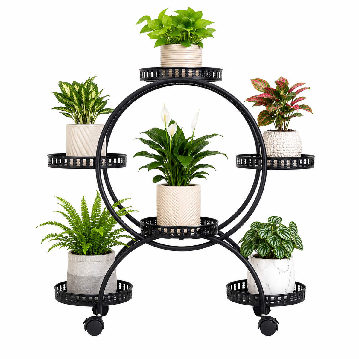 Zyriva Black Wheeled Tiered Plant Stand Caelvorne