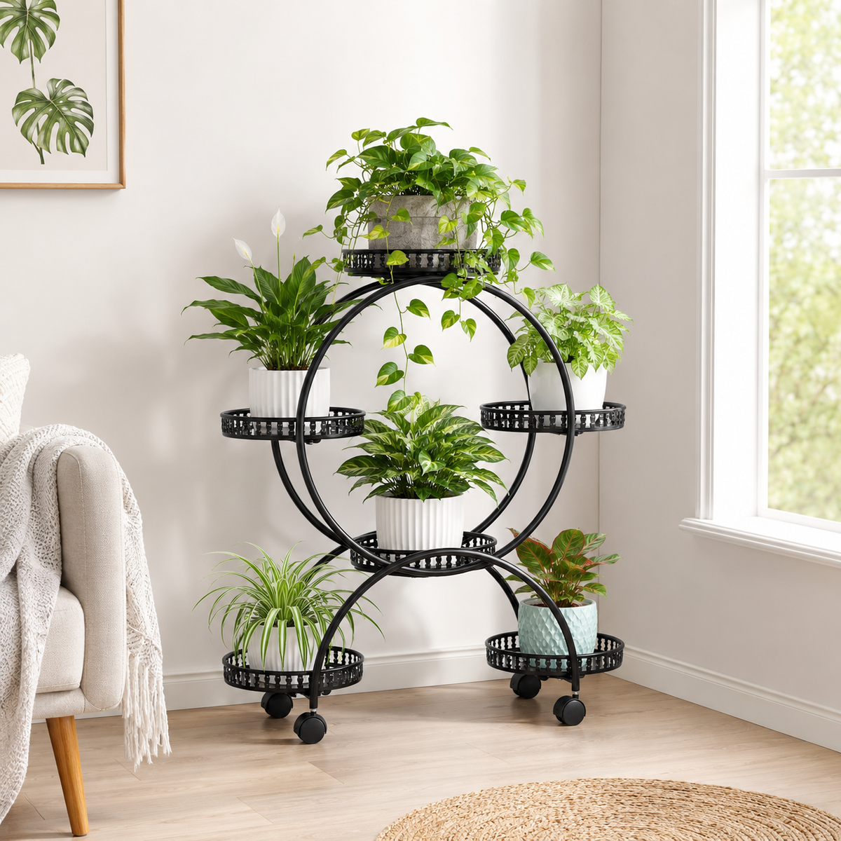 Zyriva Black Wheeled Tiered Plant Stand Caelvorne
