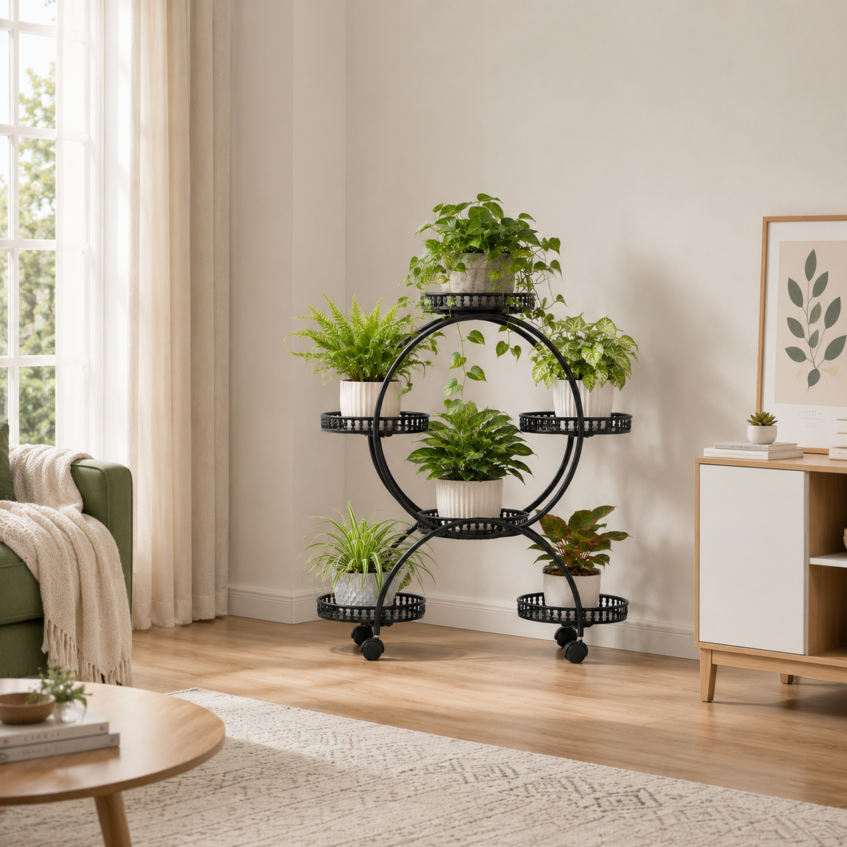 Zyriva Black Wheeled Tiered Plant Stand Caelvorne